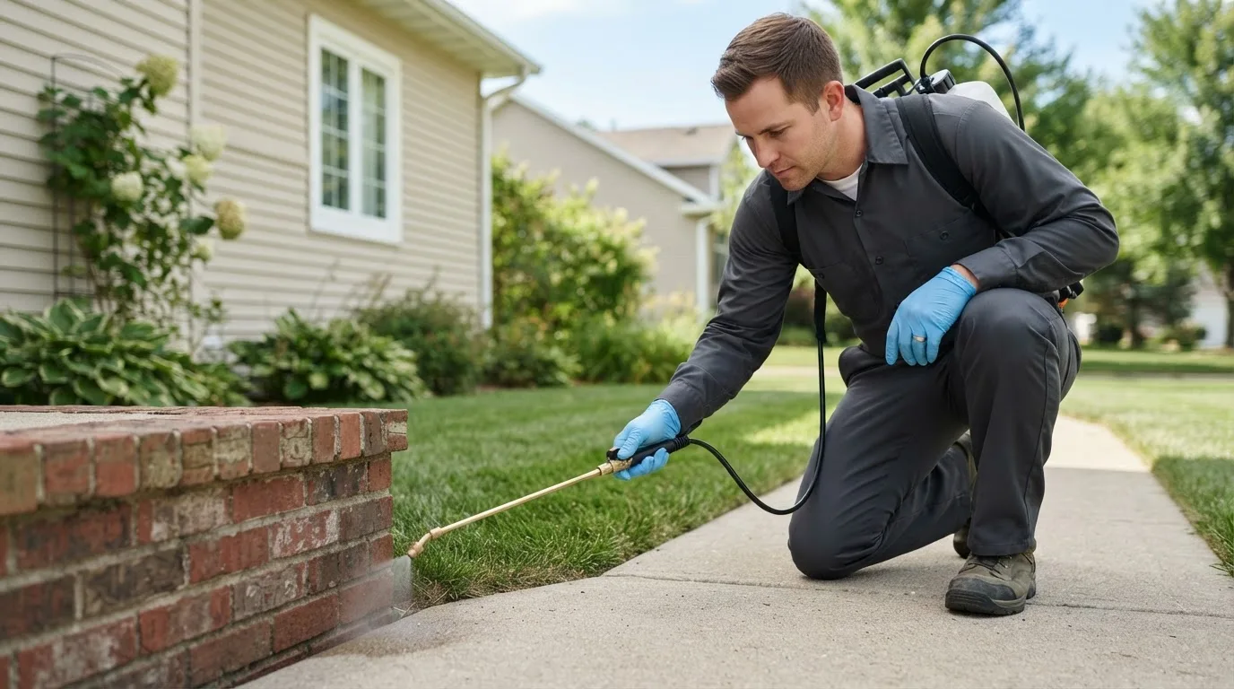 Pest control technician treating a home near Travis Afb, CA